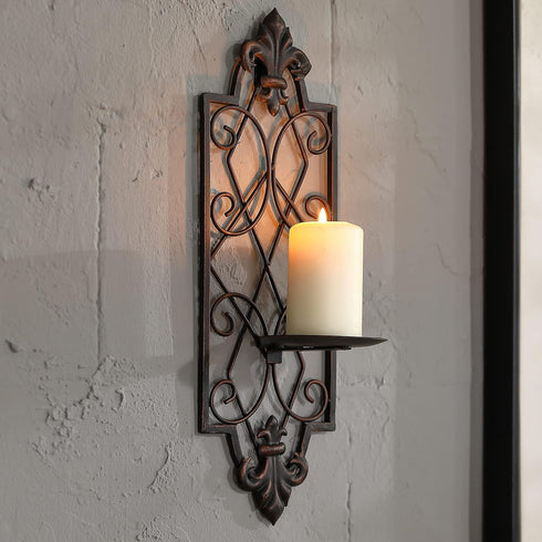 Set 2 of Metal Wall Sconce Candle Holders, Fleur De Lis Detailed