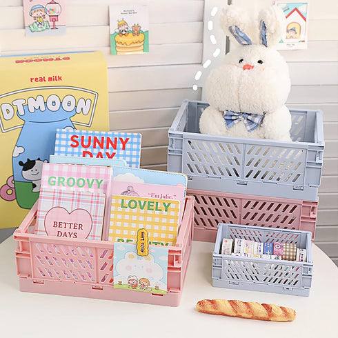 Plastic Storage Baskets for Desk Organizing, 2 Medium + 2 Small Durable Folding Crates for Home and Office