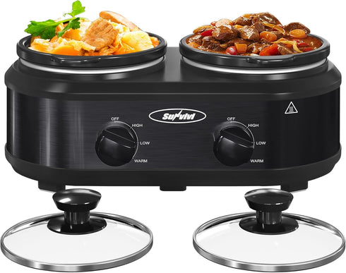 Sunvivi Dual Slow Cooker, Buffet Server & Warmer with 2 Removable Ceramic Pots, 3 Adjustable Temp Settings, 2.5 QT Black