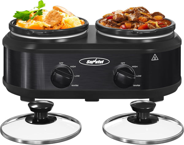 Sunvivi Dual Slow Cooker, Buffet Server & Warmer with 2 Removable Ceramic Pots, 3 Adjustable Temp Settings, 2.5 QT Black
