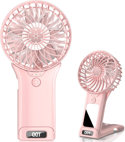 Mini Handheld Fan, 4 Speed Adjustable USB Rechargeable Fan with Mirror, Max 20 Hrs for Travel Office Outdoor, Pink