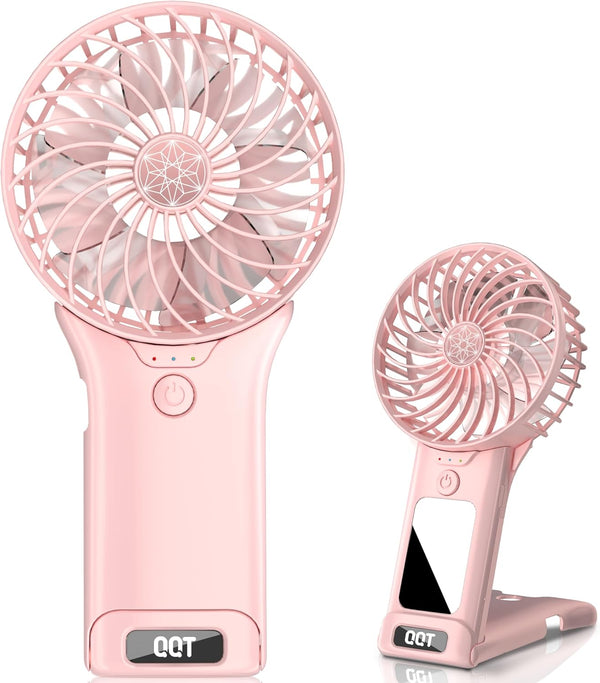 Mini Handheld Fan, 4 Speed Adjustable USB Rechargeable Fan with Mirror, Max 20 Hrs for Travel Office Outdoor, Pink