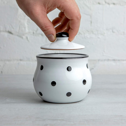 City to Cottage Ceramic Sugar Bowl with Lid - 10oz Sugar Container for Coffee Bar, Handcrafted White & Black Polka Dot