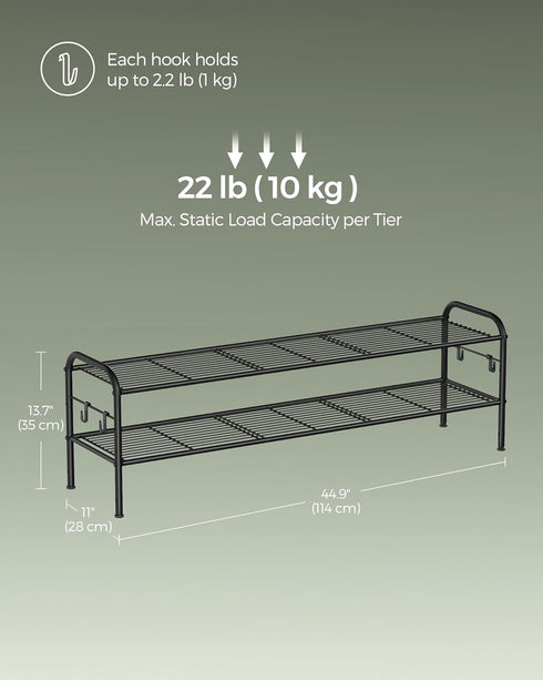 2-Tier 4 18 Closet, ULMR121B01 SONGMICS Shoe Rack, Shoe Organizer, Metal Shoe Shelf Storage with Side Hooks, Holds