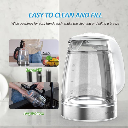 1500W, 1.7L, NISVITU Glass & Stainless Steel Cordless Electric kettle for boiling water, Hot water boiler Electric Tea