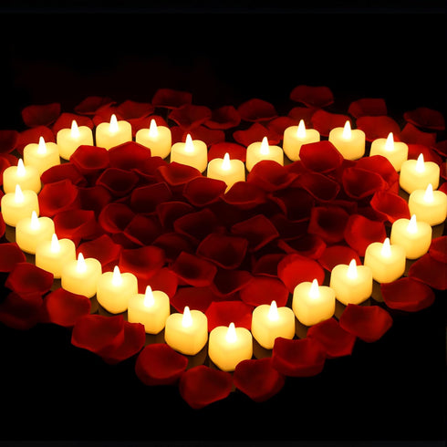 Honoson 1000 Pieces Artificial Rose Petals with 24 Pcs Flameless Heart Shaped LED