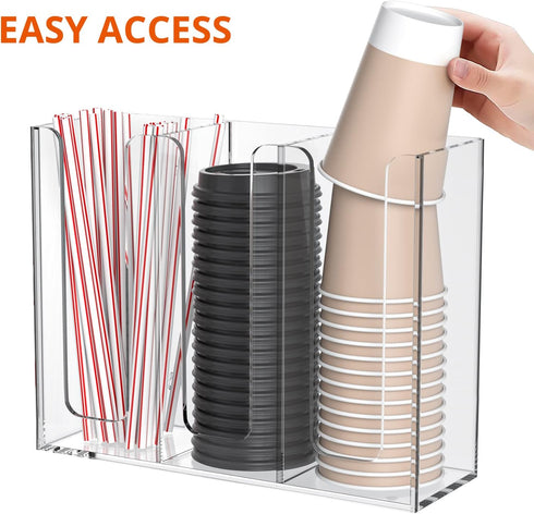Richboom Acrylic Coffee Cup and Lid Storage Organizer, 3 Compartments, Clear Holder