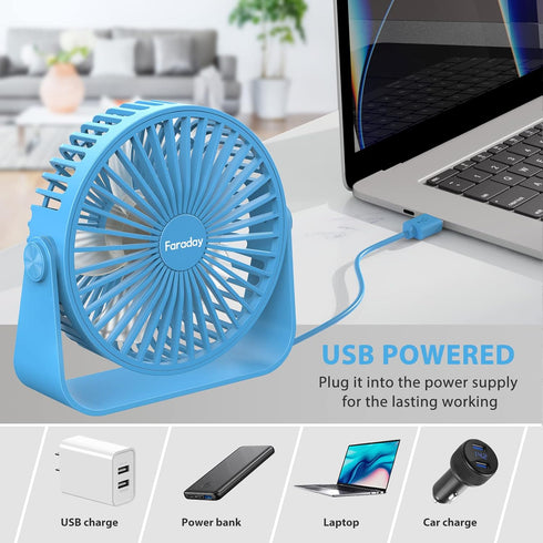 FARADAY USB Desk Fans, 5 Inches Portable Table Fan, 360° Head Rotation, Small Personal Desktop Fan, 3 Speeds, Blue