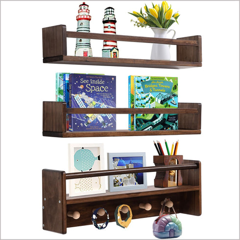 AZSKY 16 Inch Nursery Book Shelves Wall Floating Bookshelf with Hook Deep