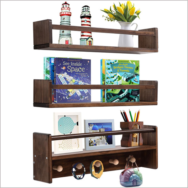 AZSKY 16 Inch Nursery Book Shelves Wall Floating Bookshelf with Hook Deep