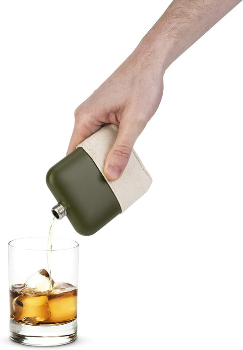 Foster & Rye 6oz Flask Whiskey Men-Stainless Steel Alcohol Matte Army Green with Canvas Wrap, Set of 1