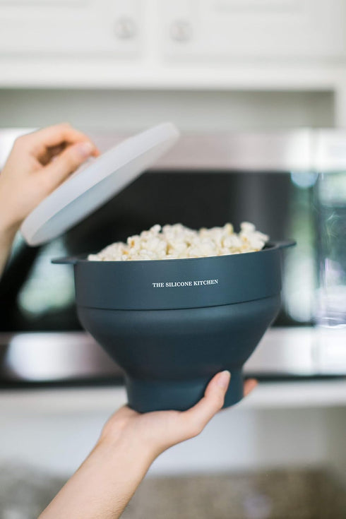 The Silicone Kitchen Collapsible Microwave Popcorn Maker Bowl, Non-Toxic, Dishwasher Safe, Dark Blue.