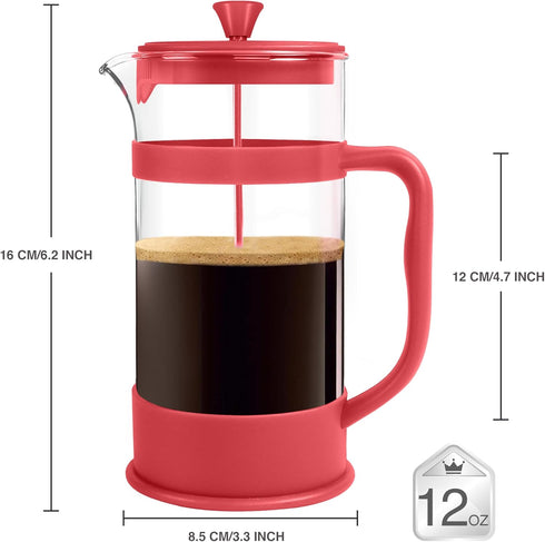 Utopia Kitchen 12 Ounce French Press Coffee Maker, Heat Resistant Borosilicate Coffee Pot for Camping Travel Gifts, Red