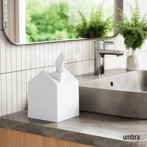 Umbra Casa Tissue Box Cover - Adorable House Shaped Tissue Box Holder for Bathroom, Bedroom or Office, White