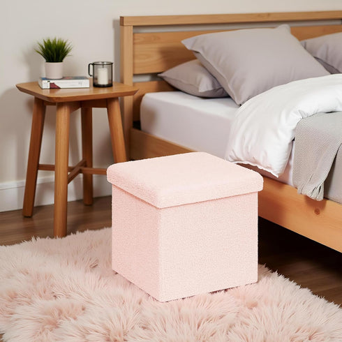 15in Small Storage Ottoman Foldable Sherpa Top Storage Bench,Foot Rest/Step Stool for Bedroom Dorm Entryway, Space
