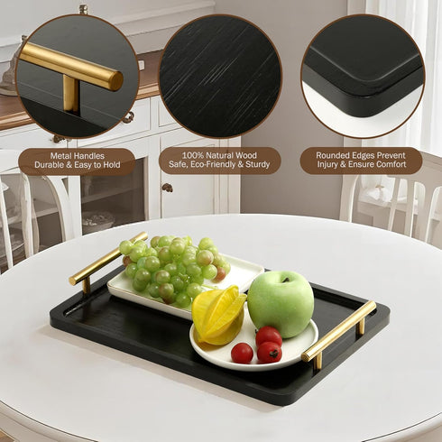PEKER Wooden Serving Tray with Metal Handles, Black Decorative Coffee Table Tray for Breakfast in Bed, Ottoman & Home
