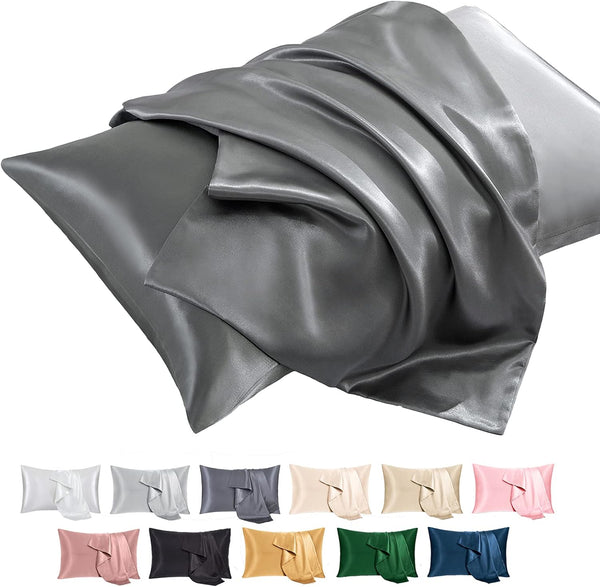 P Pothuiny 2-Piece Grey Satin Pillowcases, Queen Size Silky Pillow Covers for Hair & Skin, Wrinkle Fade Resistant
