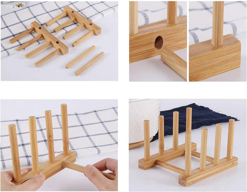 2Pcs Natural Bamboo Slip Drain Dish Rack - Home Kitchen Bamboo Wood Plates Rack for Pans and Cups