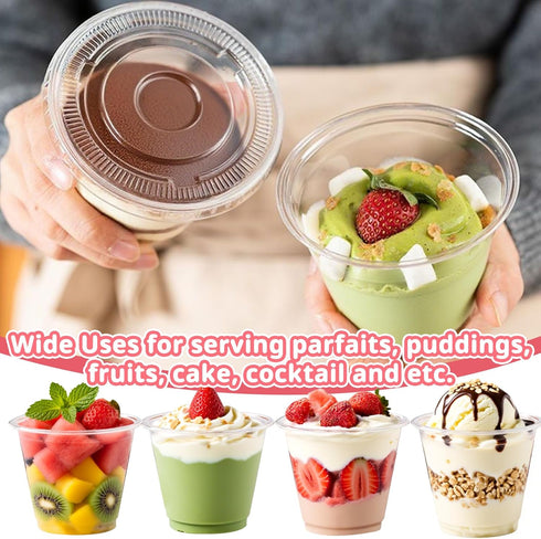 50 Packs 9oz Disposable Dessert Cups with Lids No Hole, Clear Plastic Cups with Lids for Ice Cream, Cake, Snacks
