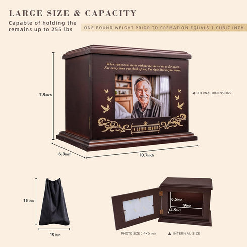 FurrySpace 255 lbs Cremation Urns for Human Ashes, Wooden Urn for Ashes Adult Male Female, Wooden Picture Frame Urns