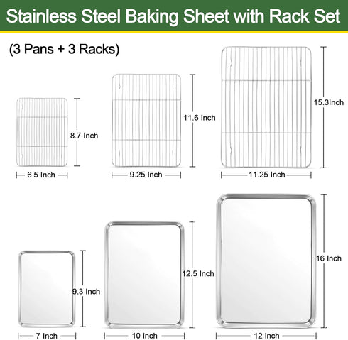 E-far Baking Sheet with Cooling Rack Set (3 Pans + 3 Racks), 16/12.5/9.3 Inch Stainless Steel Cookie Sheets Baking Pans and Wire Rack for Oven, Non Toxic & Easy Clean by E-far