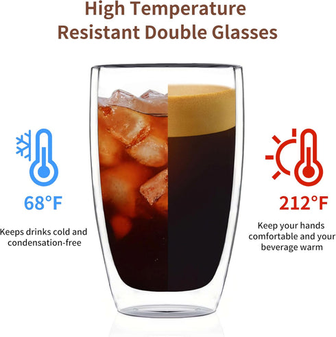 MESNEY 17oz Double Walled Glass Coffee Mugs, Insulated Clear Cappuccino Latte Glass Coffee Mugs for Home, Cafe