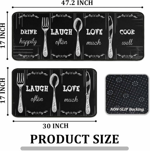 Set 2 17"x47"+17"x30" Black Kitchen Rug PCS | Non-Slip Waterproof Stain-Resistant Floor Mats | Farmhouse Style Mats