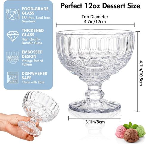 6 Pack 12oz Youeon Vintage Embossed Glass Dessert Cups, Footed Sundae Glasses for Ice Cream, Parfait, Trifle, Fruit