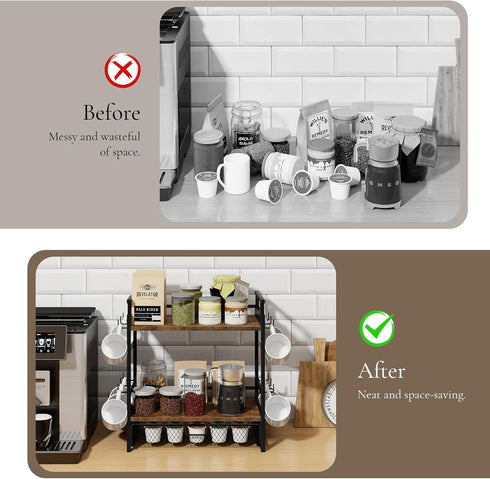 3 Countertop, 12 Coffee Bar Organizer, Tier Coffee Station Organizer for Mug Cup Holder Stand with Hooks, with K Cup