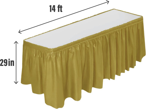 DecorRack Table Skirt, 29 in x 14 ft - BPA Free Plastic Disposable Rectangular Tablecloth Skirt, Gold