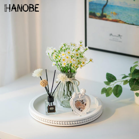 Counter Hanobe Decorative Coffee Table Tray: White Beaded Round Serving Tray Modern Farmhouse Wooden Circle Centerpiece