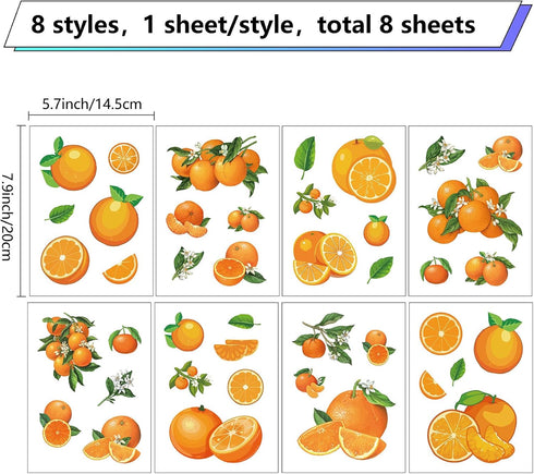 CRASPIRE 8 Styles Orange Wall Stickers Fruits Leaf PVC Window Stickers Decals Waterproof Self Adhesive Cling Peel and Stick for Fridge Bedroom Living Room Kitchen Store Showcase Classroom