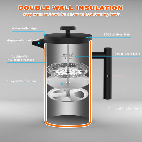 French Press Coffee Maker, Double Wall Vacuum Insulated 304 Stainless Steel Coffee Press for Home, Office, Camping