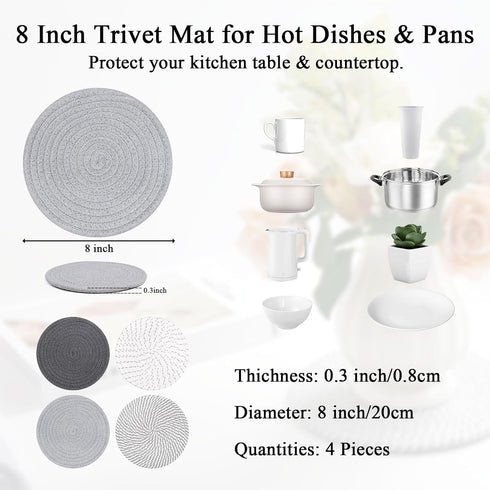 SHACOS 8" Trivets for Hot Dishes, Heat Resistant Large Coaster for Hot pots and Pans, Multipurpose Hot Pads for Kitchen Countertop, Table Decor, Home Essentials, 4pcs by SHACOS