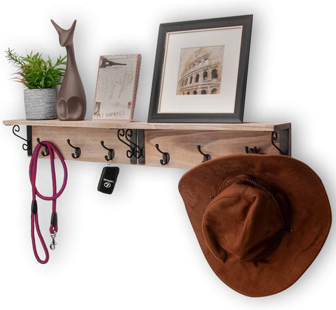 Spiretro Wall-Mounted Coat Hook Rack with Shelf - Set of 2, Rustic Wood Grey Organizer
