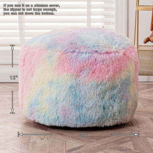 Asuprui Pouf Ottoman, Unstuffed Round Bean Bag Poof Seat, Soft Faux Fur Footrest Stool 20x20x12 Inches, Rainbow Cover