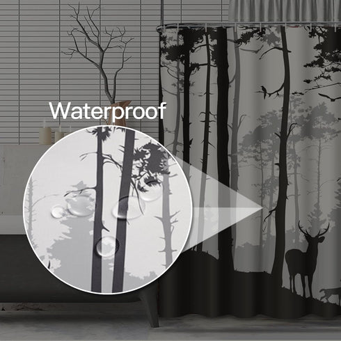 Decorative Shower Curtain, Silhouette of Pine Forest Family Deer and Birds, Brown 72"x78" Waterproof Bathroom Set with