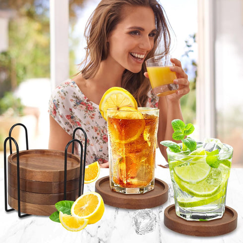 6 Set Pcs Best Wooden Coasters with Holder Coffee Table Decor Acacia Wood Coaster Modern Cup Coaster for Drink Home