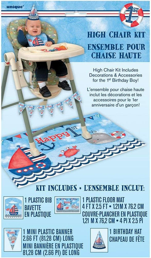 Unique Party Unique 58177 Nautical Boys 1st Birthday High Chair Decoration Kit, 4pc, 2.66'