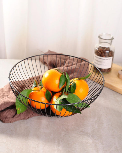 Low Black Metal Fruit Basket Stand, Kitchen Fruit Bowl for Counters, Wire Fruit Basket