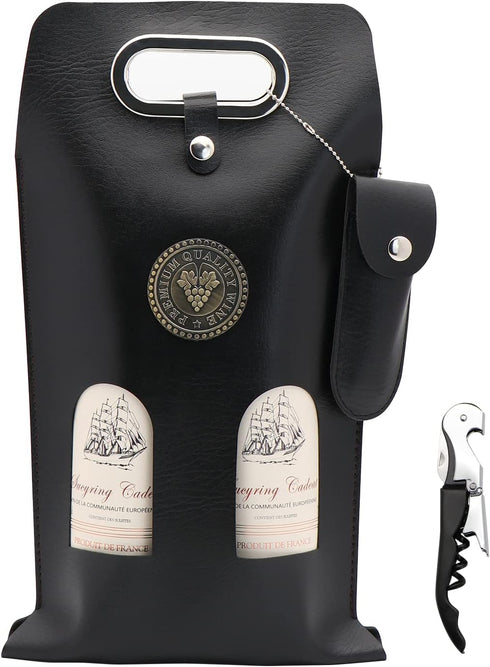DIWNELEM Leather Wine Bag with Wine Opener, 2 Bottle Carrier for Champagne, Beer, Wedding, Birthday, Travel, Black
