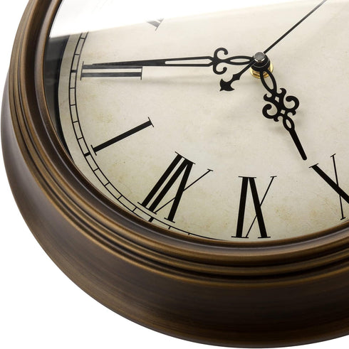 Plumeet 13'' Large Metal Wall Clock, Non-Ticking Retro Silent Iron Decorative Clock with Roman Numerals, Brown