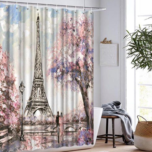 Paris Shower Curtain for Bathroom, Sakura Landscape Pink Romantic Waterproof Fabric 72x72 Inches with Hooks