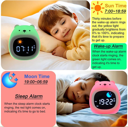9 6 Kids Alarm Clock Night Light with Colors Light and White Noises, Sleep Training Digital Clock, Adjustable Bright