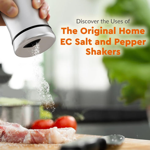 HOME EC Salt and Pepper Shakers Set, Adjustable Pour Holes, Glass and Stainless Steel Spice Dispenser