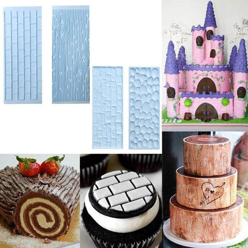 10 Set Fondant Impression Mat Mold | Lace Embossing Mats for Cupcake Border Decoration | Tree Bark/Brick