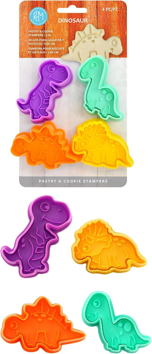 R&M Dinosaur Cookie Stamper, Baby Dinosaur, T-Rex, Stegosaurus, Triceratops, Brontosaurus, 2 Inch, 4 Piece Set