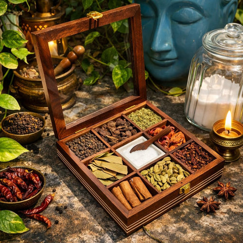 Premium Wooden Spice Box with Glass Lid 9 Compartment Masala Organizer for