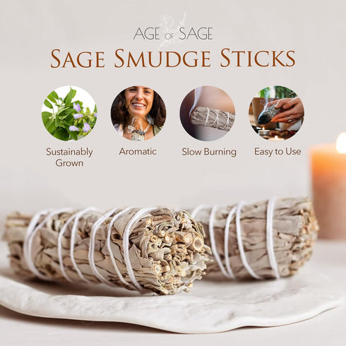 White Sage Smudge Sticks, 4" Long Burning Sage Bundle for Cleansing House, 3 Pack