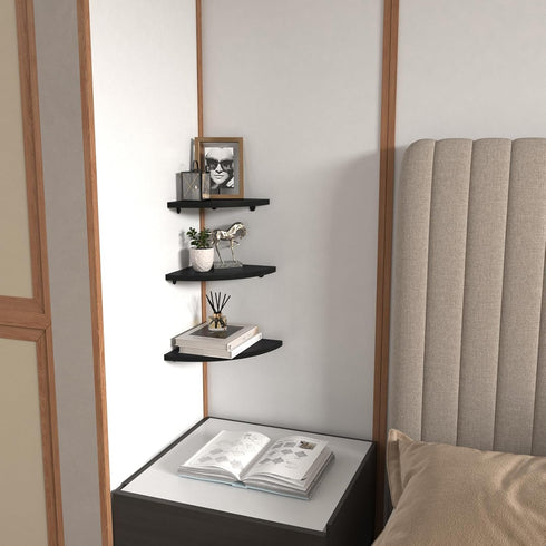 Set 6 HORLIMER Floating Corner Shelf Wall Mount, of Rustic Wood Corner Wall Shelves for Bedroom, Living Room, Bathroom